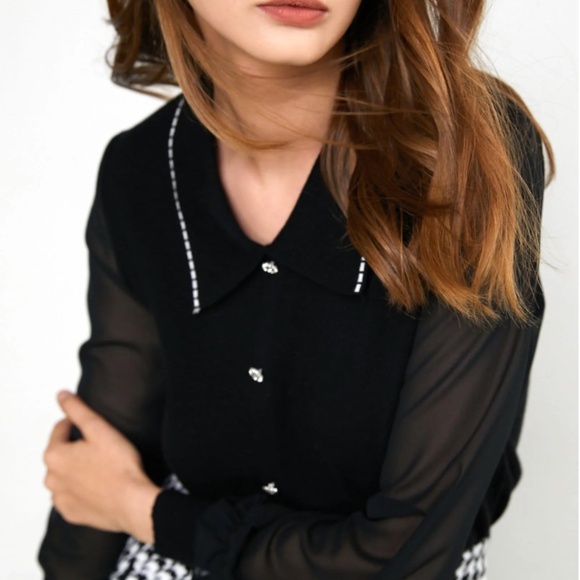 J.ING Malika Vintage-Inspired Black Collared Cardigan with Sheer Sleeves - Picture 3 of 11